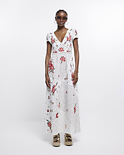 Cream embroidered floral smock maxi dress