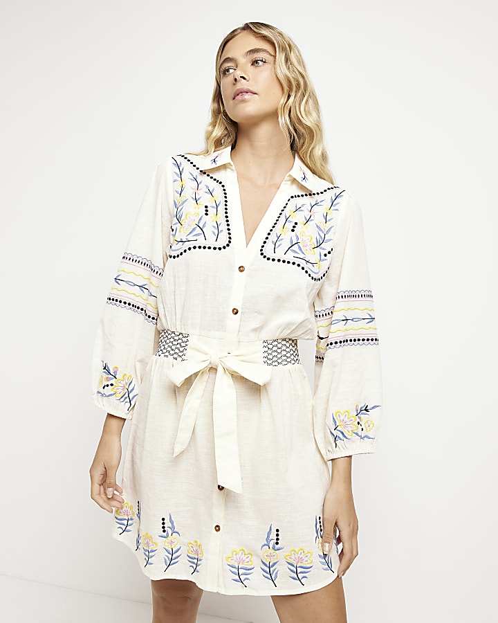 Cream embroidered mini shirt dress