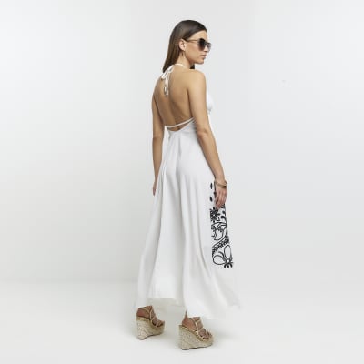 Cream Embroidered Plunge Beach Maxi Dress River Island 0420