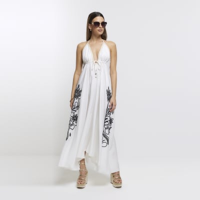 Cream embroidered plunge beach maxi dress River Island