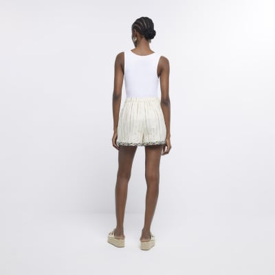 Cream Embroidered Quilted Shorts