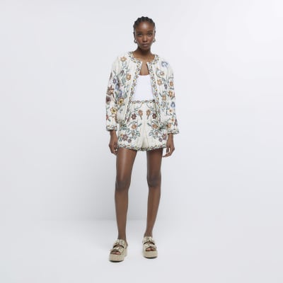 Cream Embroidered Quilted Shorts River Island