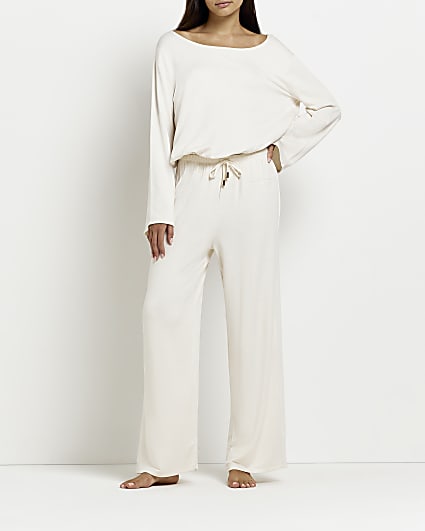 Cream embroidered straight leg trousers