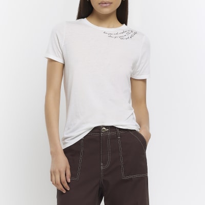 Cream embroidered tshirt River Island