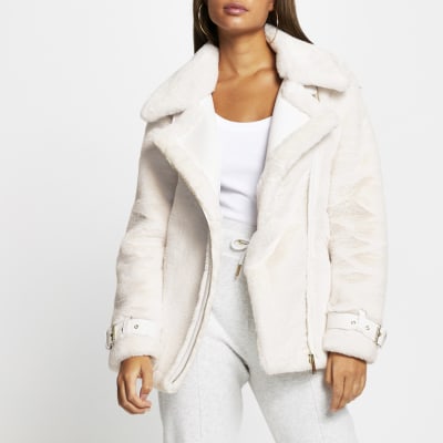 Cream faux fur aviator jacket | River Island