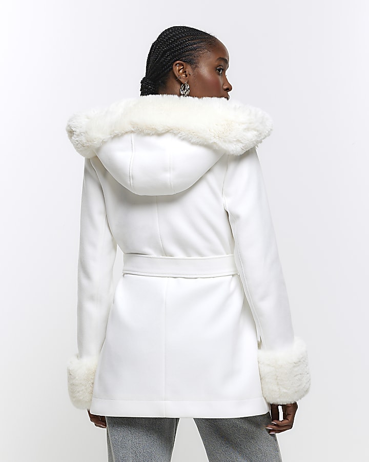 Cream faux fur belted coat | River Island