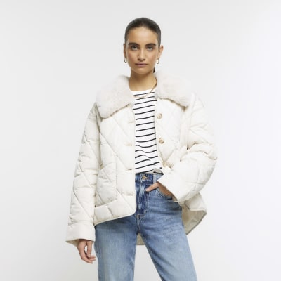 Cream faux fur collar padded jacket