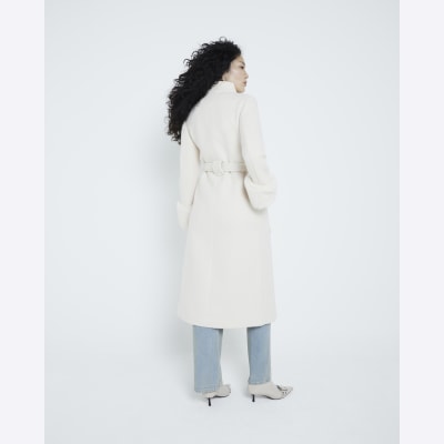 Cream faux fur cuff longline coat River Island