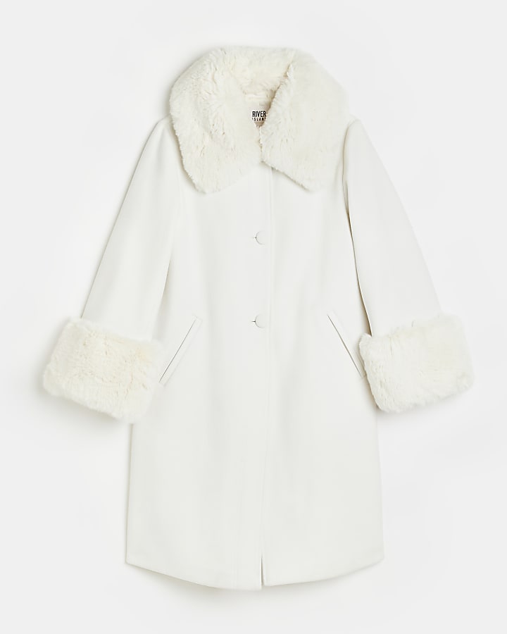 Cream faux fur detail longline coat