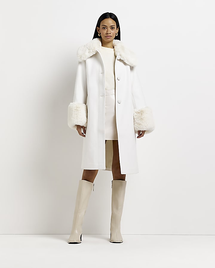 Cream faux fur detail longline coat