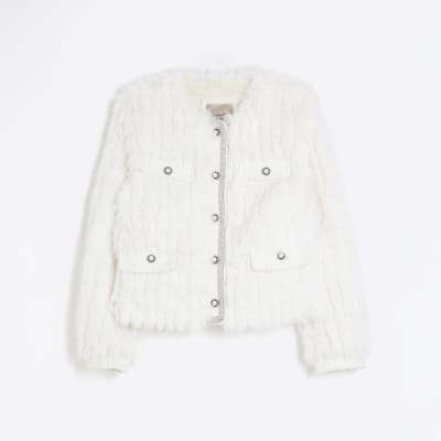 Cream Faux Fur Embellished Military Coat River Island