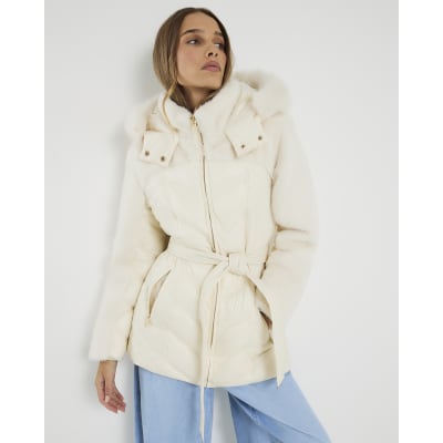 Faux Fur Asos Cream Puffer Coat Cream Faux Fur Hooded Panelled