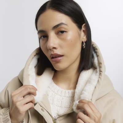 Cream faux fur lining parka coat | River Island