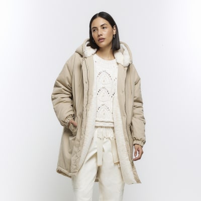 Cream faux fur lining parka coat