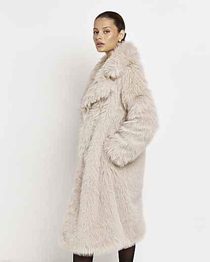 Cream faux fur longline coat