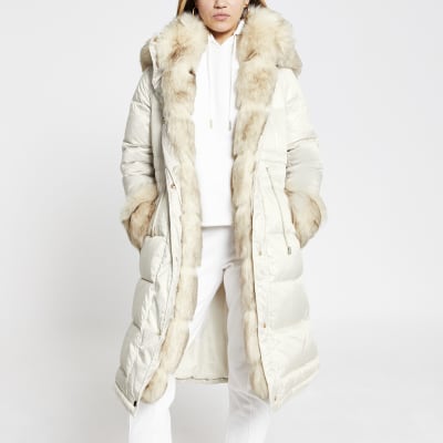 Cream Faux Fur Padded Parka Coat River Island 