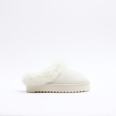 Cream faux fur platform slippers River Island