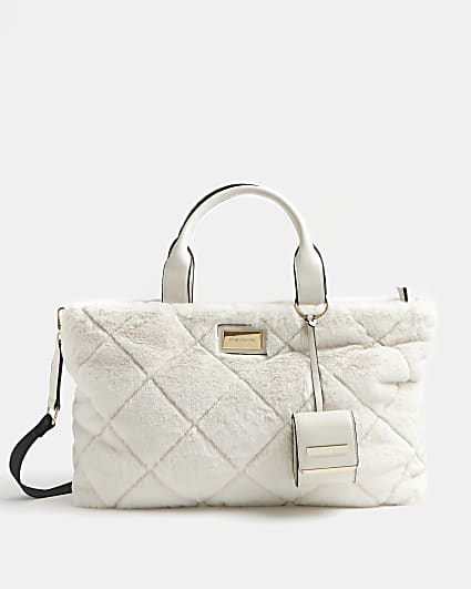 Cream faux fur quilted tote bag