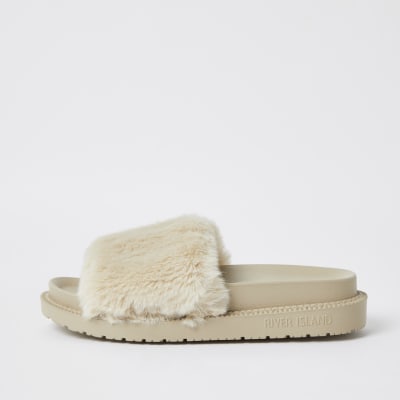 river island fur sliders