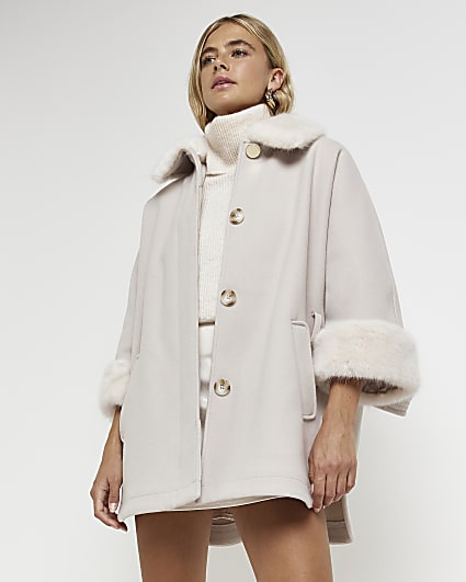 Cream faux fur trim cape coat