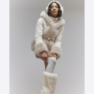 Cream Faux Fur Trim Padded Jacket River Island