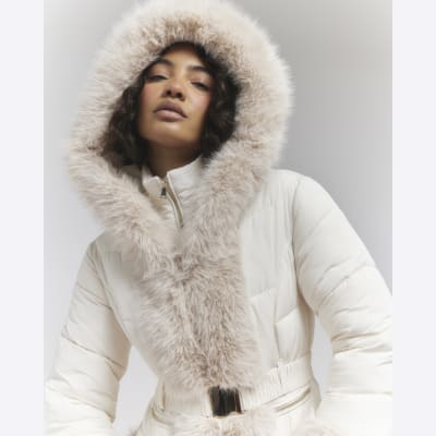 Cream faux fur padded jacket on sale