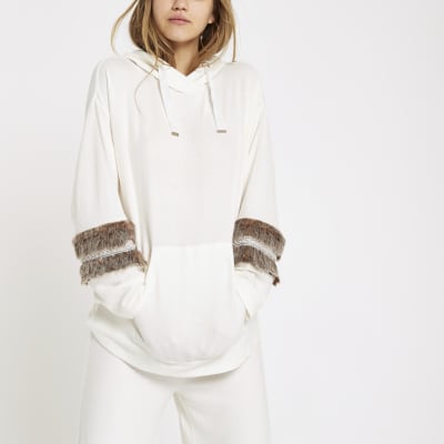 Cream faux fur trim pyjama hoodie