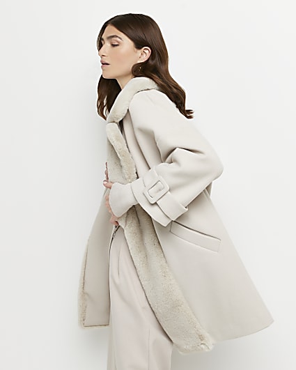 Cream faux fur trim swing coat