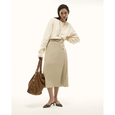 Cream Faux Leather Belted Pleated Midi Skirt