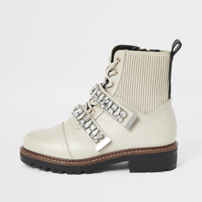 Cream faux leather embellished biker boots | River Island
