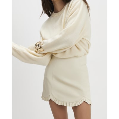 Cream Faux Leather Frill Hem Mini Skirt