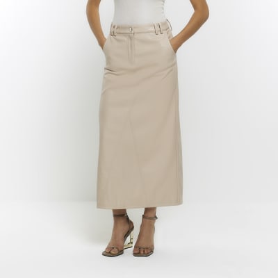 Cream faux leather midi skirt River Island