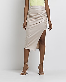 Cream faux leather ruched midi skirt