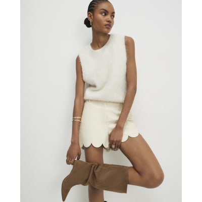 Cream Faux Leather Scallop Trim Shorts