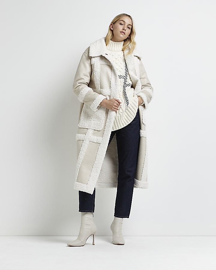 Cream faux shearling longline coat