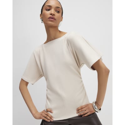 Cream Faux Suede Short Sleeve Ruched Side Top