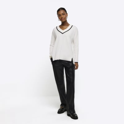 Cream fine knit taped jumper | River Island