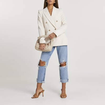 Cream fitted gold button blazer | River Island