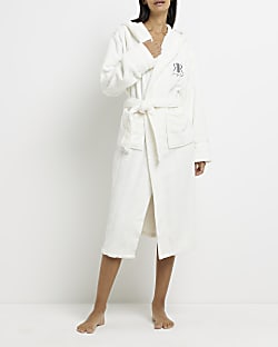 Cream fleece hooded longline dressing gown