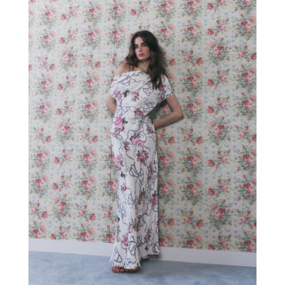 River Island Cream Floral Asymmetric Neck Maxi Slip Dress