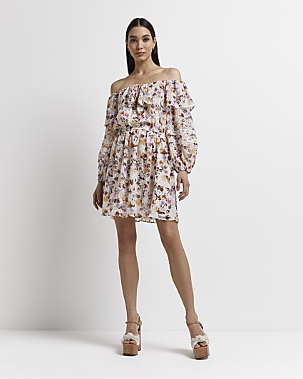 Cream floral bardot mini dress
