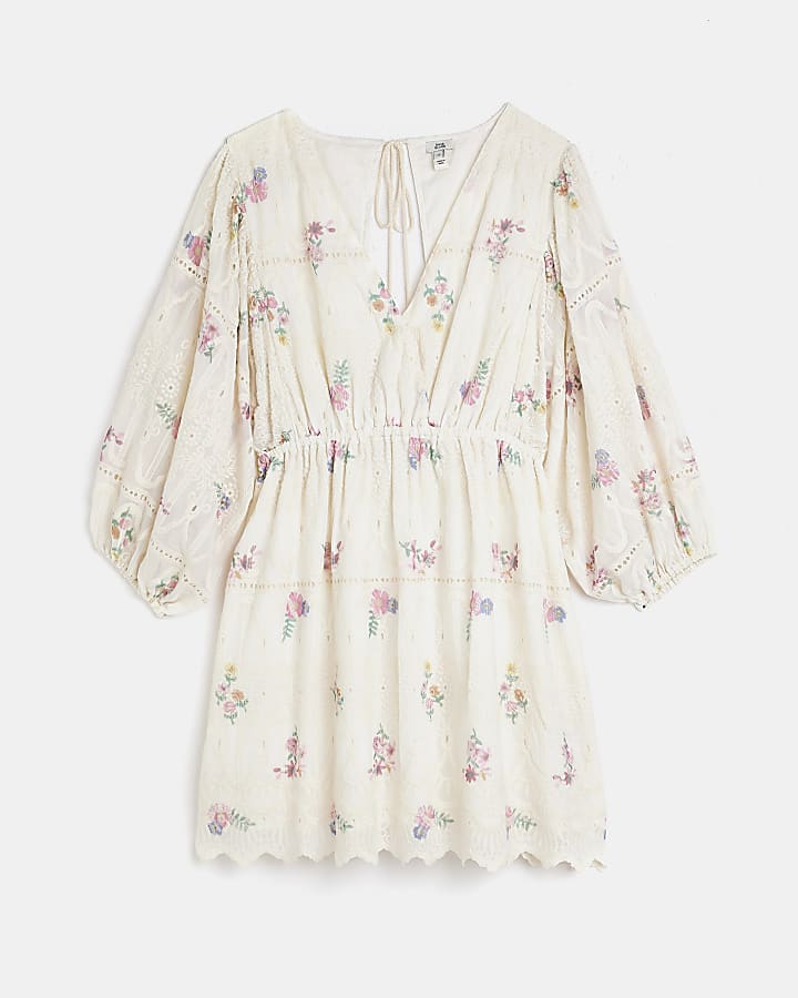 Cream floral broderie smock mini dress