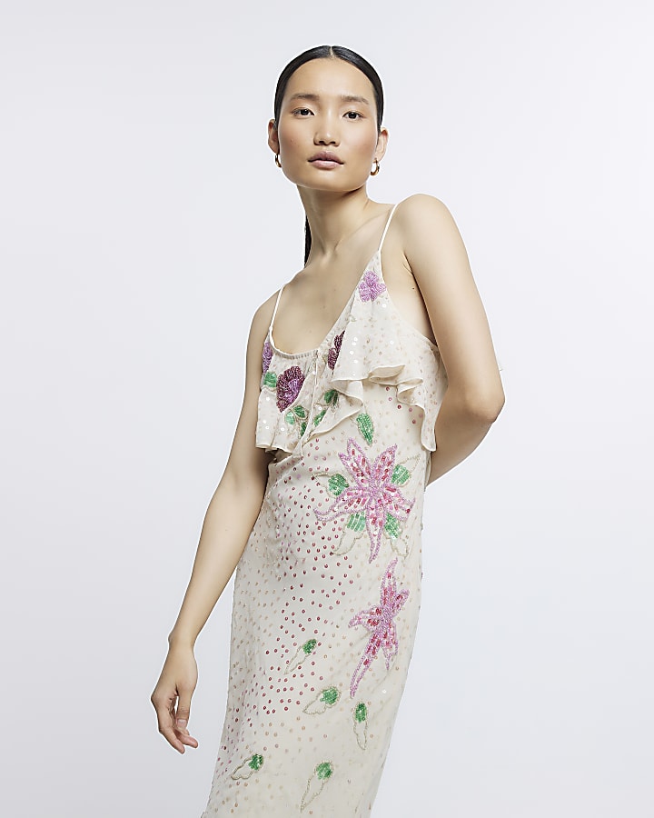 Cream floral embellished bodycon maxi dress