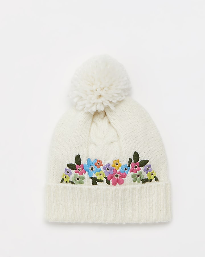 Cream floral embroidered beanie hat