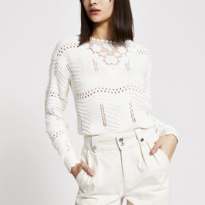 Cream floral embroidered knitted jumper | River Island