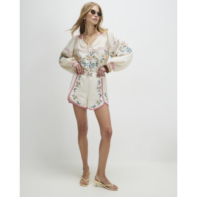 Cream Floral Embroidered Shorts