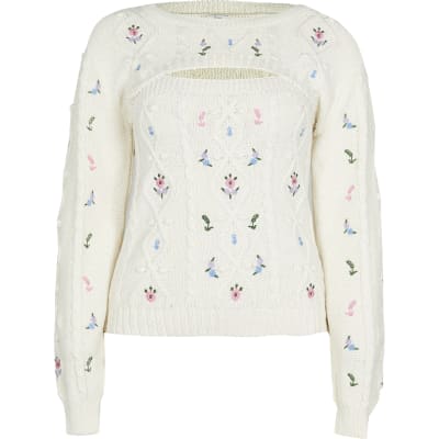 Cream floral embroidery 2 in 1 jumper
