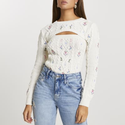 Cream floral embroidery 2 in 1 jumper