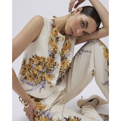 Cream Floral Fitted Waistcoat