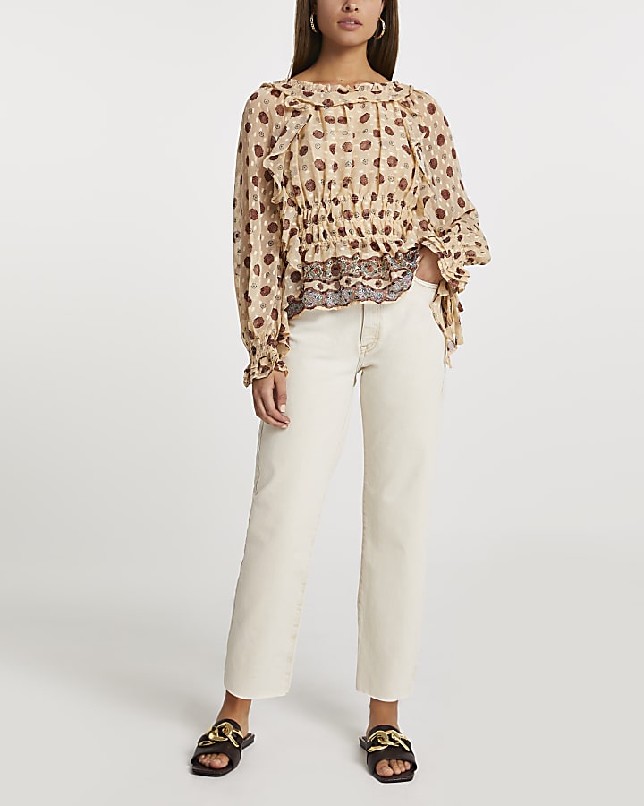 Cream floral frill bardot blouse